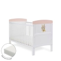 Obaby Grace Inspire Cot Bed & Fibre Mattress Watercolour Rabbit - Pink