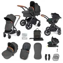 Ickle Bubba Stomp Luxe Black Frame Travel System with Stratus i-Size Car Seat & Isofix Base - Charcoal Grey/Tan