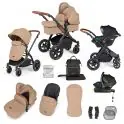 Ickle Bubba Stomp Luxe Black Frame Travel System with Stratus i-Size Car Seat & Isofix Base - Desert/Tan