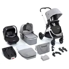 Babymore Memore V2 13 Piece Travel System Bundle with Pecan i-Size Car Seat and ISOFIX Base - Silver