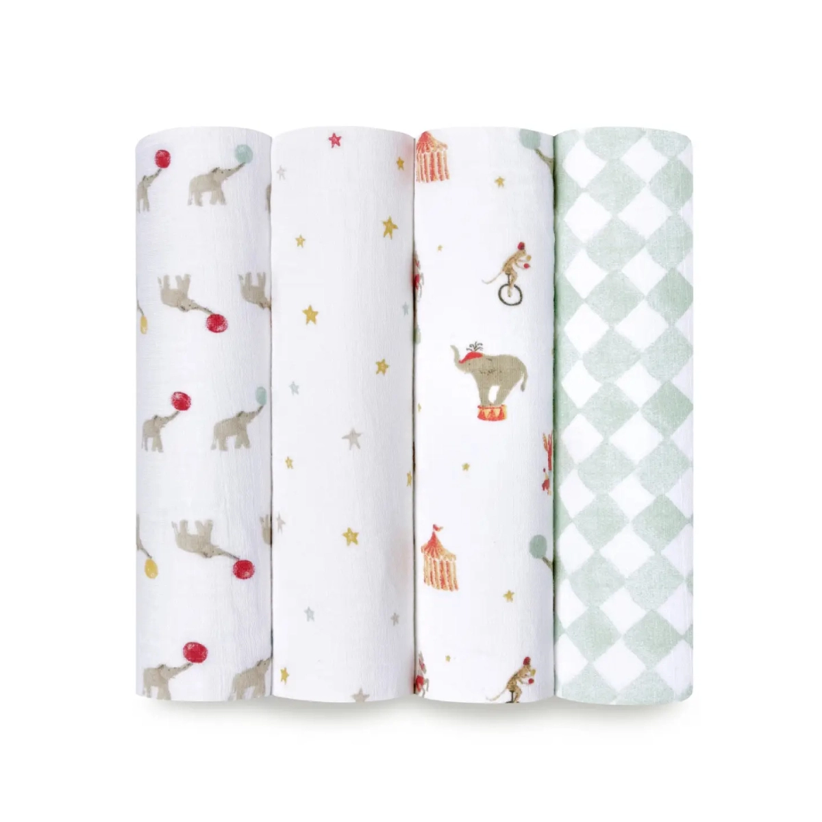 Aden Anais Pack of 4 Essentials Cotton Muslin Swaddle Blanket - Elephant Circus 23-19