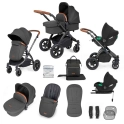 Ickle Bubba Stomp Luxe Black Frame Travel System with Cirrus i-Size Car Seat & Isofix Base - Charcoal Grey/Tan