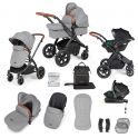 Ickle Bubba Stomp Luxe Black Frame Travel System with Stratus -Size Car Seat & Isofix Base - Pearl Grey/Tan