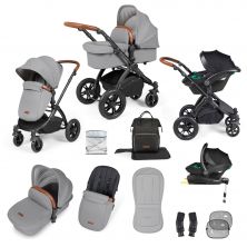 Ickle Bubba Stomp Luxe Black Frame Travel System with Stratus -Size Car Seat & Isofix Base - Pearl Grey/Tan