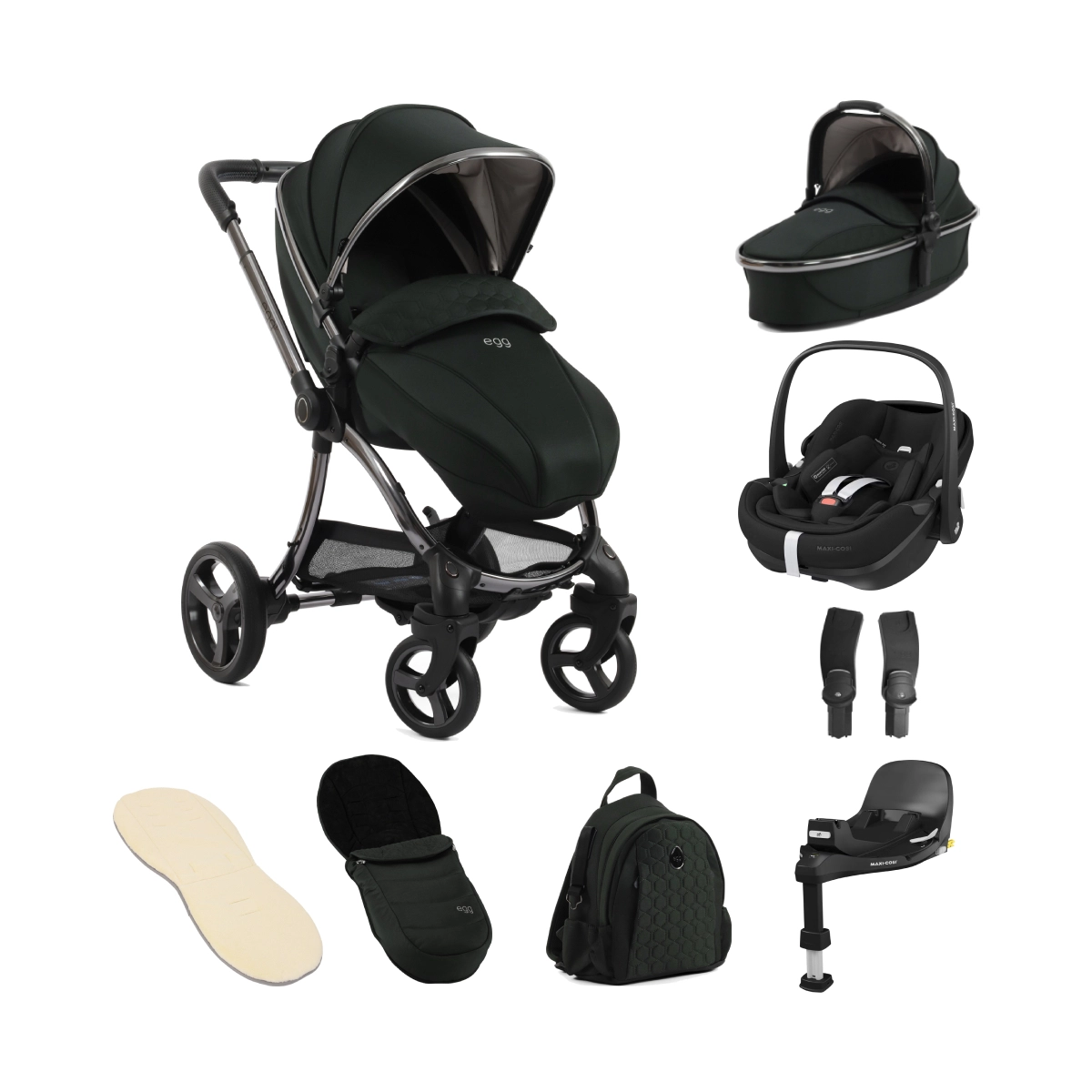 egg 3 Stroller Luxury 8 Piece Bundle with Maxi Cosi Pebble 360 Pro Car Seat Black Olive