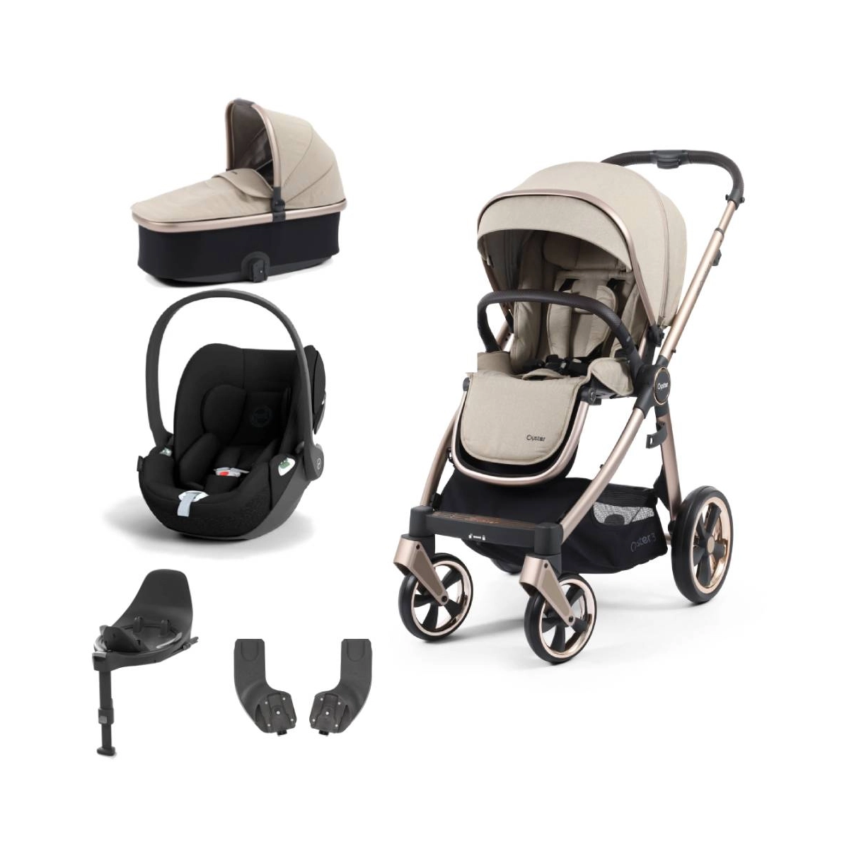 BabyStyle Oyster 3 Champagne Chassis Essential 5 Piece Bundle with Cybex Cloud T Car Seat & Base