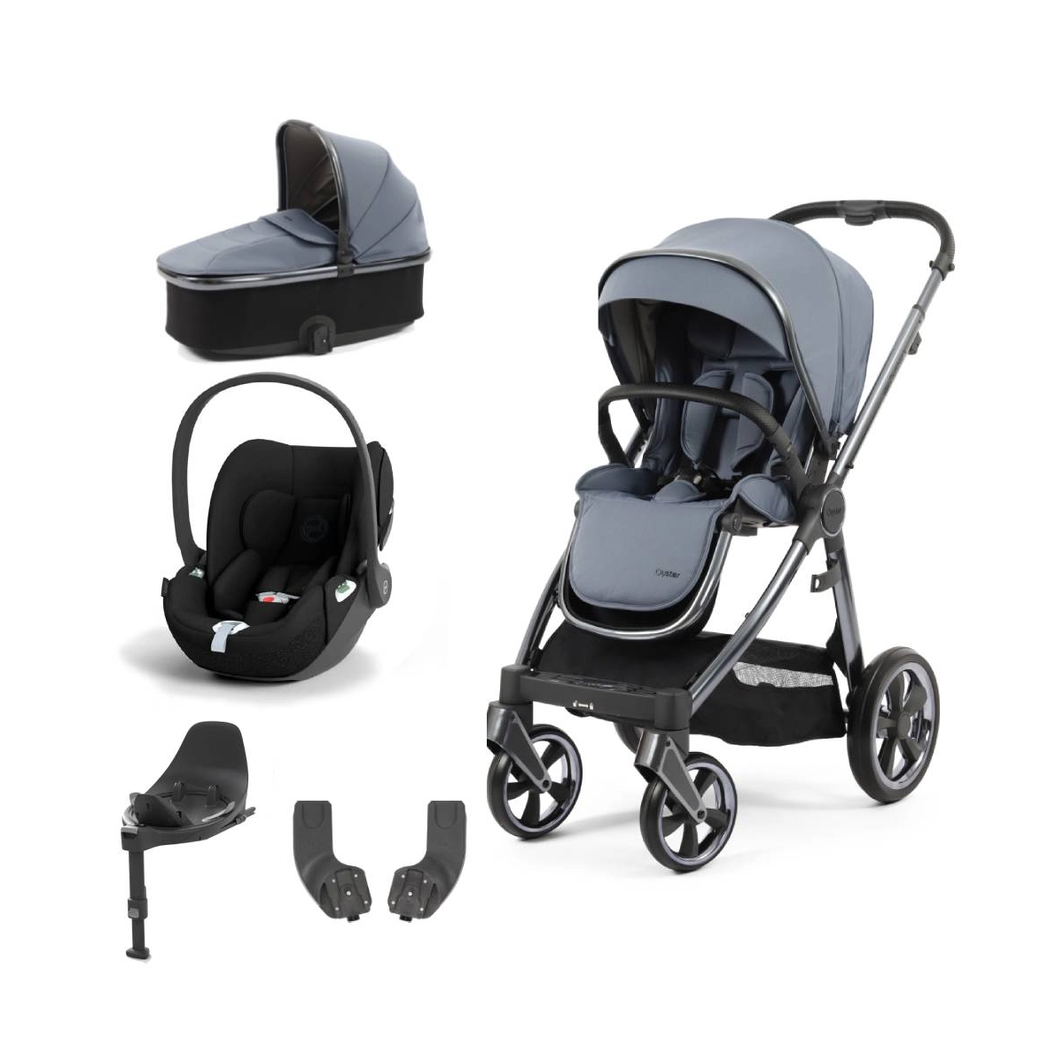 BabyStyle Oyster 3 Gun Metal Chassis Essential 5 Piece Bundle with Cybex Cloud T Car Seat & Base