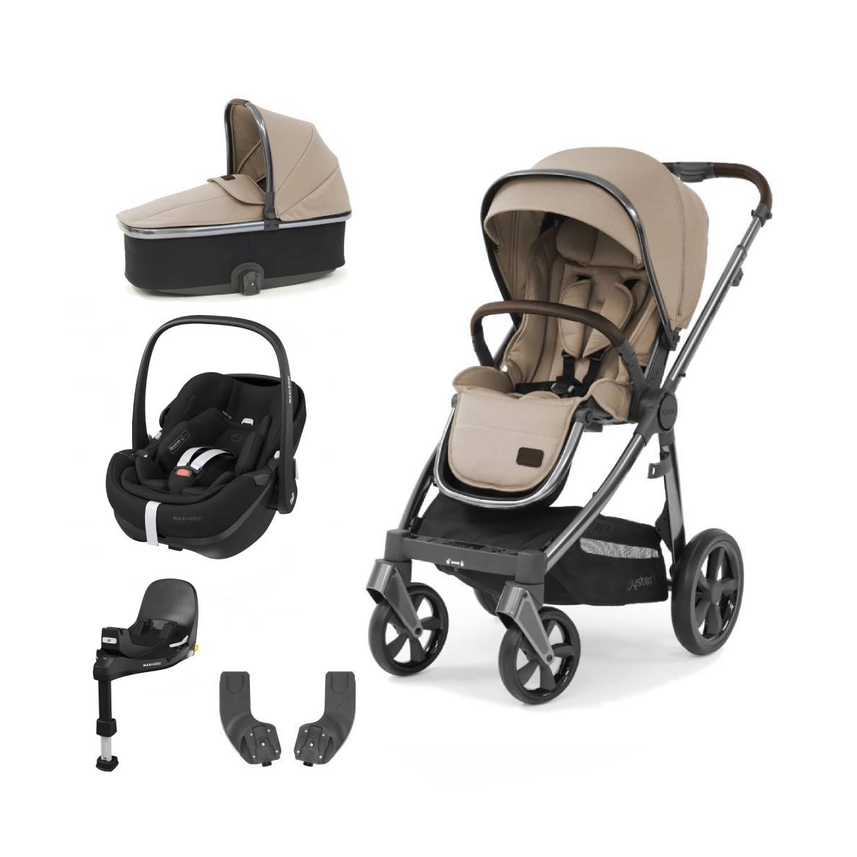 BabyStyle Oyster 3 Gun Metal Chassis Essential 5 Piece Bundle with Maxi Cosi Pebble 360 Pro Car Seat & Base