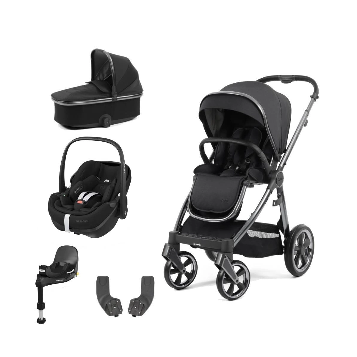 BabyStyle Oyster 3 Gun Metal Chassis Essential 5 Piece Bundle with Maxi Cosi Pebble 360 Pro Car Seat & Base