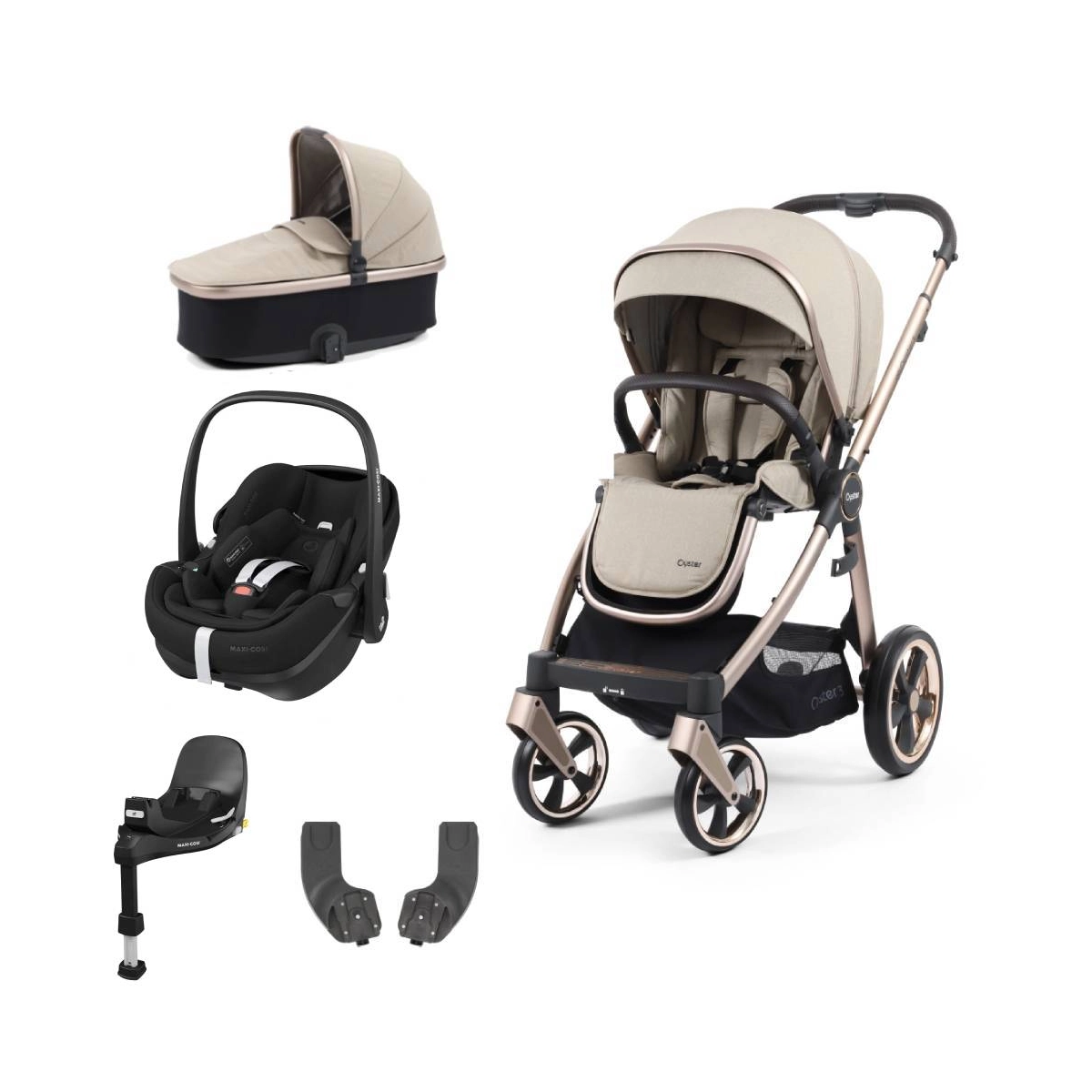 BabyStyle Oyster 3 Champagne Chassis Essential 5 Piece Bundle with Maxi Cosi Pebble 360 Pro Car Seat & Base