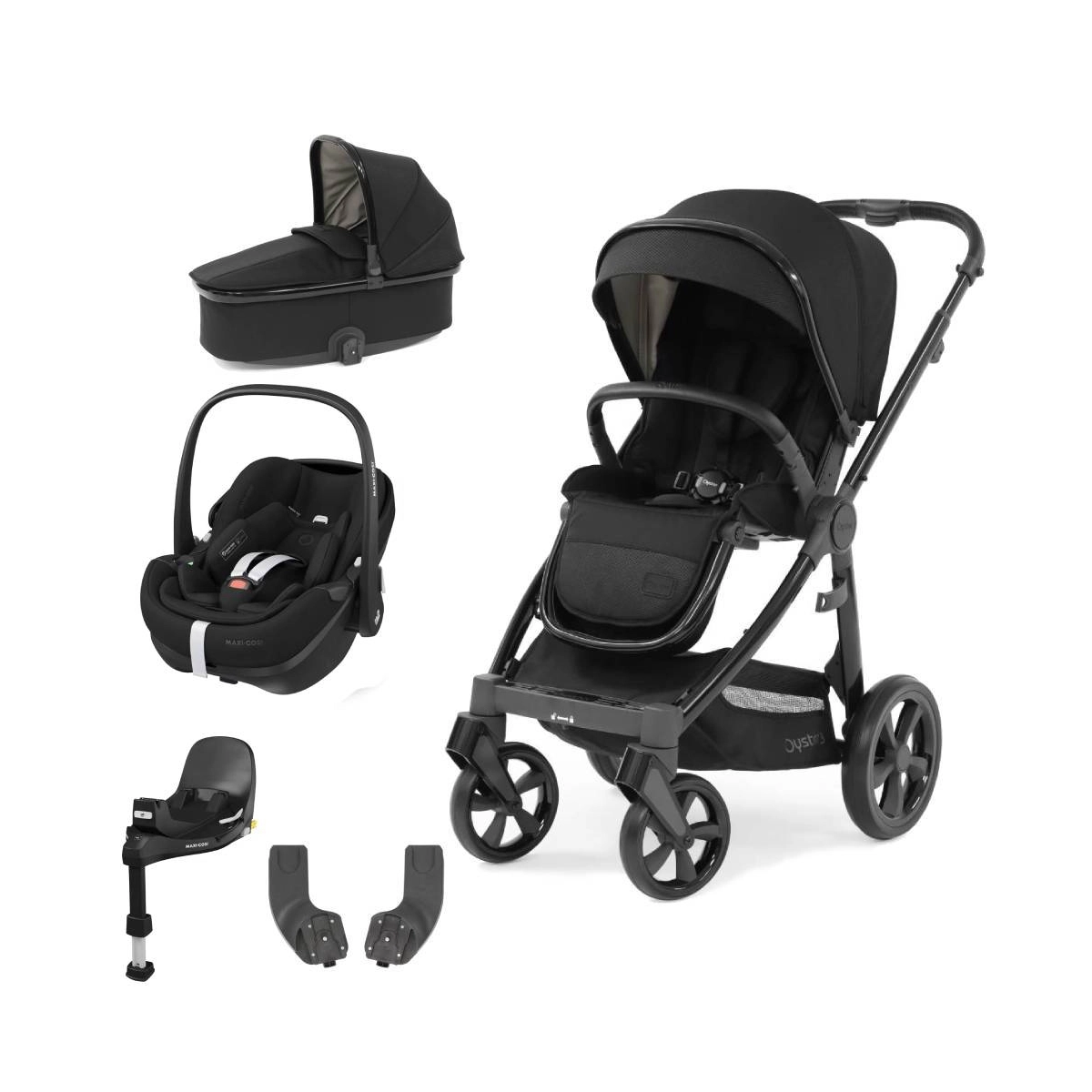 BabyStyle Oyster 3 Gloss Black Chassis Essential 5 Piece Bundle with Maxi Cosi Pebble 360 Pro Car Seat & Base