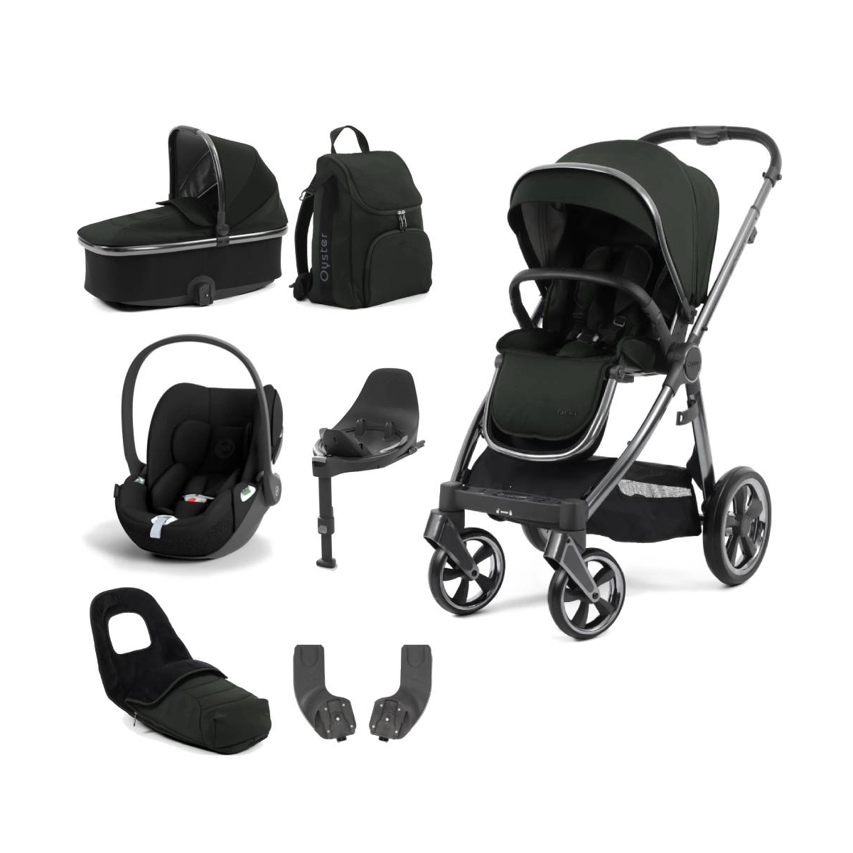 BabyStyle Oyster 3 Gun Metal Chassis Luxury 7 Piece Bundle with Cybex Cloud T Car Seat & Base