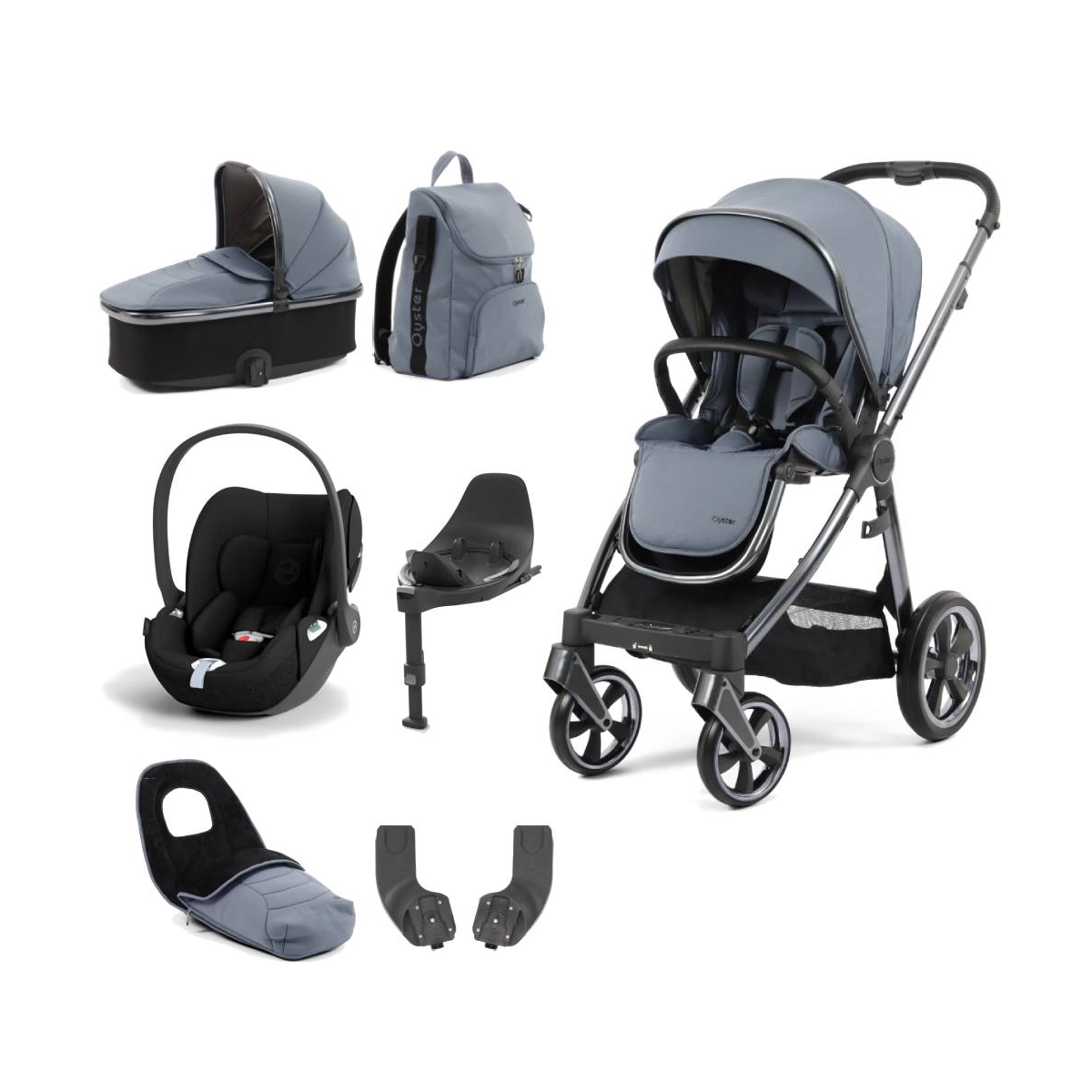 BabyStyle Oyster 3 Gun Metal Chassis Luxury 7 Piece Bundle with Cybex Cloud T Car Seat & Base