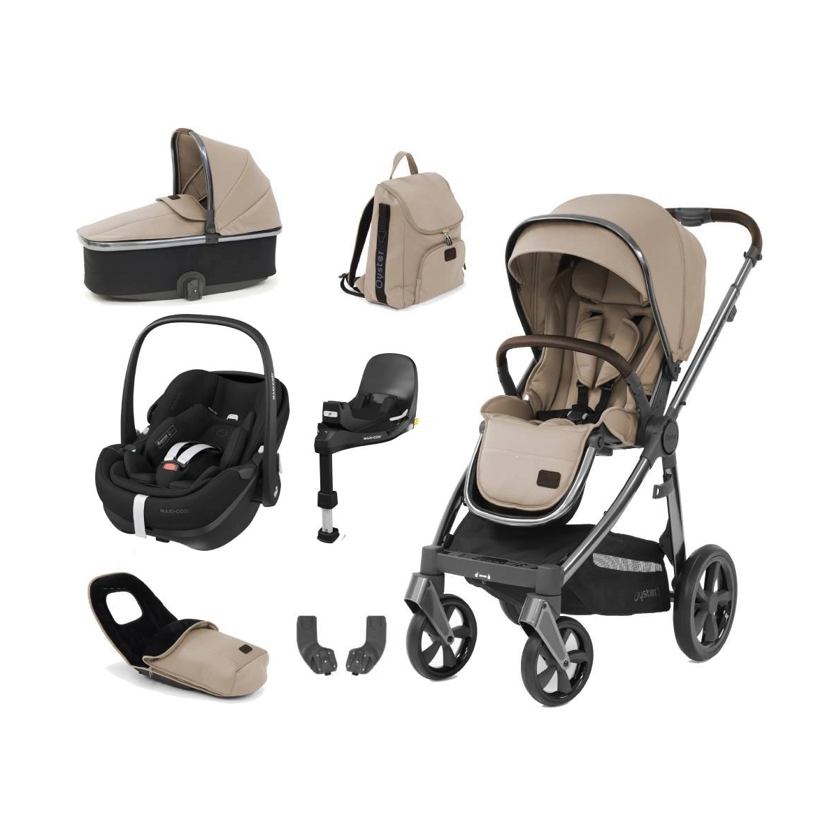 BabyStyle Oyster 3 Gun Metal Chassis Luxury 7 Piece Bundle with Maxi Cosi Pebble 360 Car Seat & Base