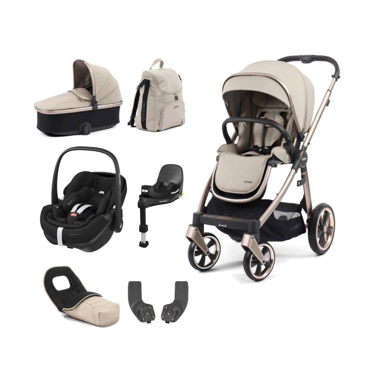 BabyStyle Oyster 3 Champagne Chassis Luxury 7 Piece Bundle with Maxi Cosi Pebble 360 Car Seat & Base