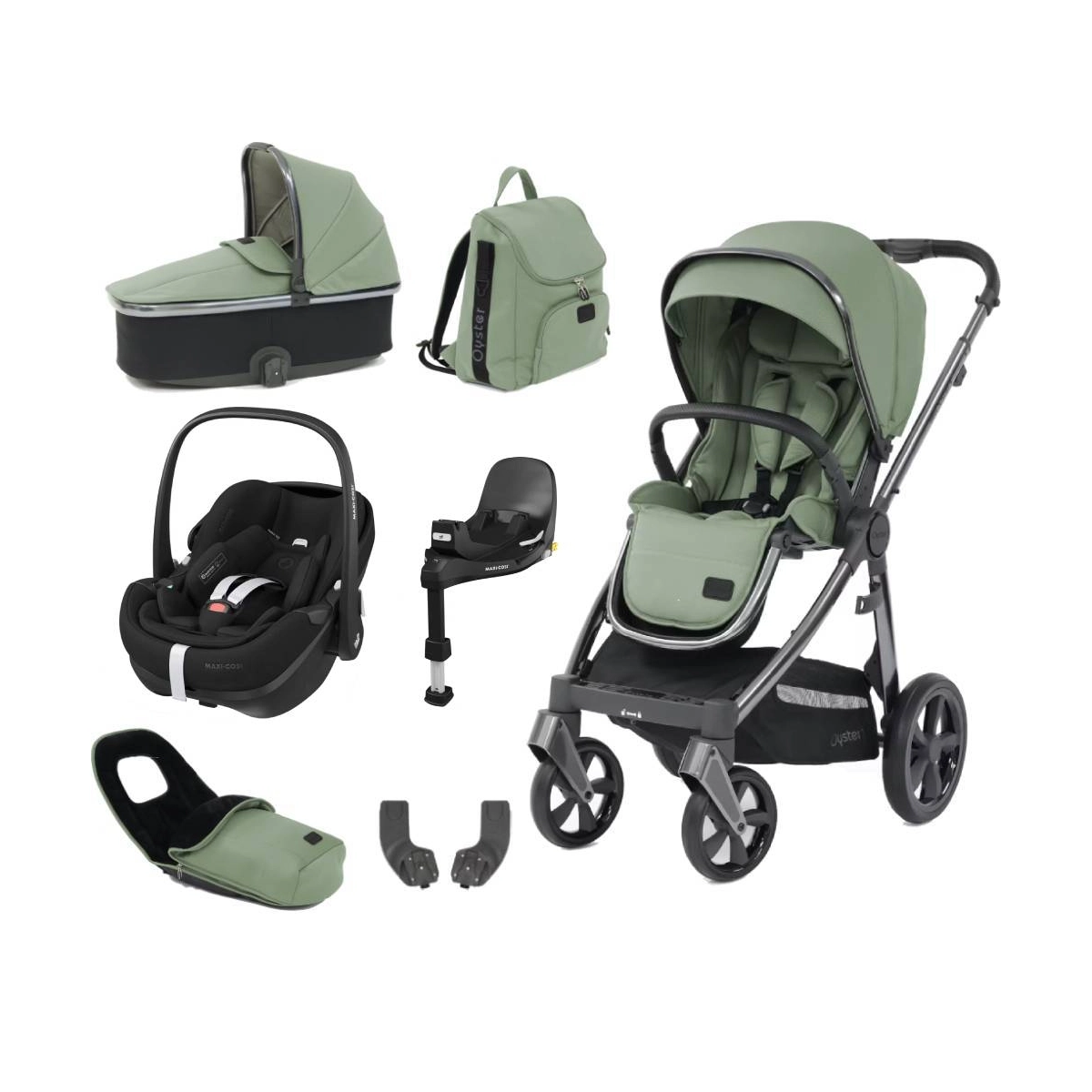 BabyStyle Oyster 3 Gun Metal Chassis Luxury 7 Piece Bundle with Maxi Cosi Pebble 360 Car Seat & Base