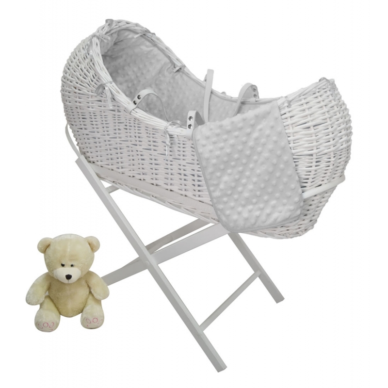 blue and grey moses basket